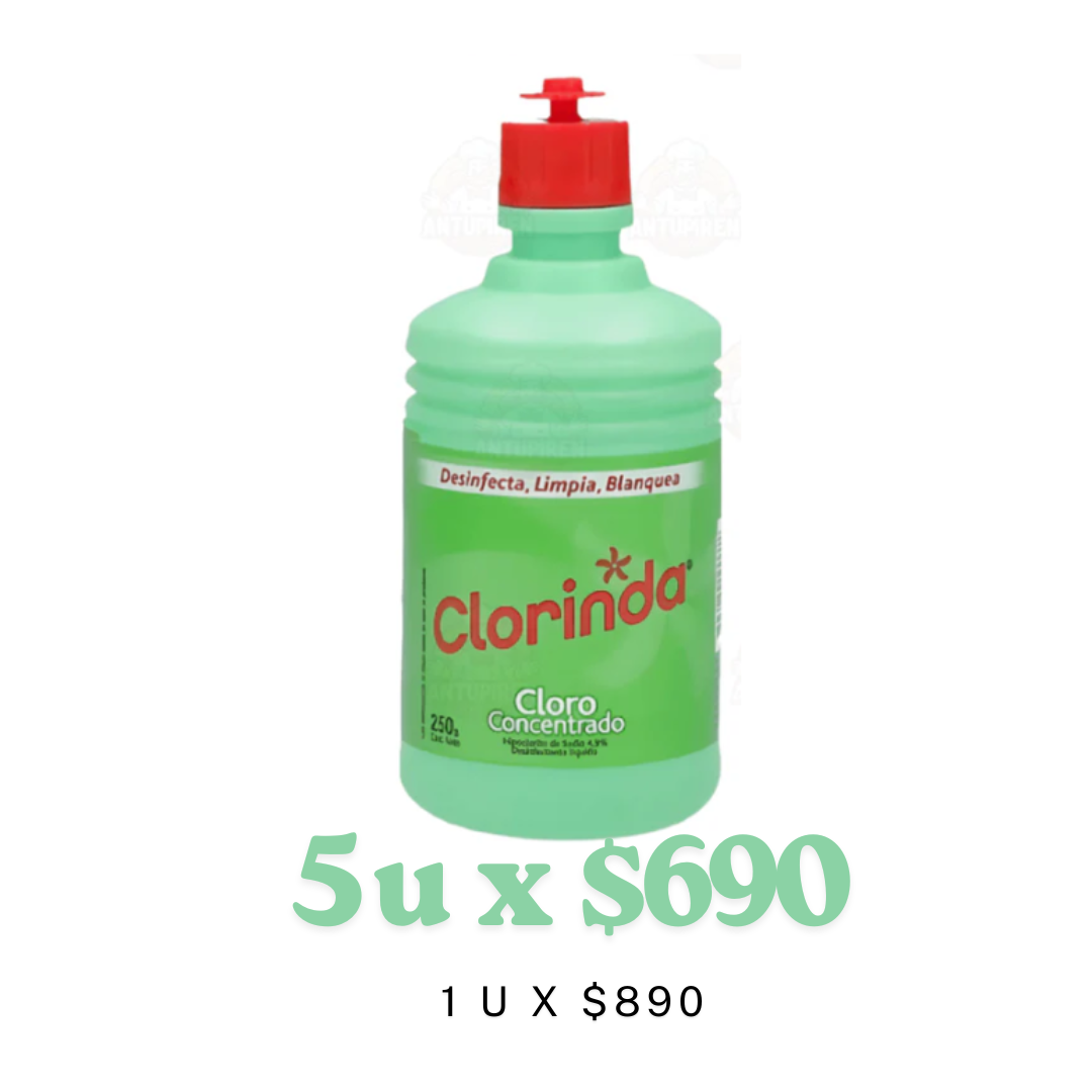 Cloro liquido Clorinda botella 250cc $690 c/u