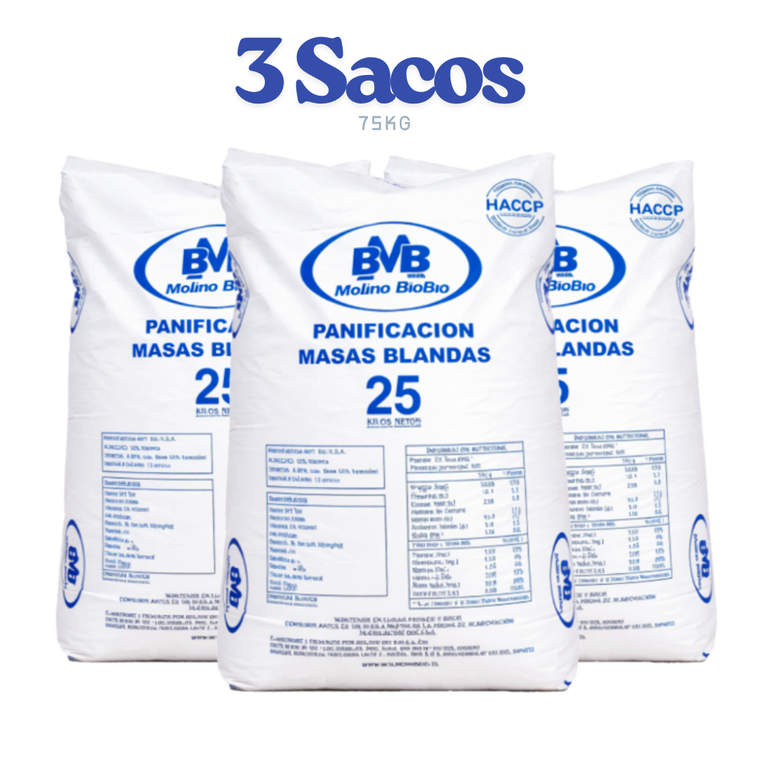 Pack 3 Unidades - Harina Masas Blandas BVB Molino BioBío 25Kg - $15.800c/u