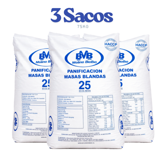 Pack 3 Unidades - Harina Masas Blandas BVB Molino BioBío 25Kg - $15.800c/u