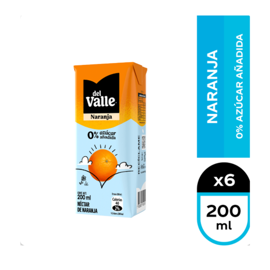 Display 6 Unidades - Jugo Individual Del Valle Naranja Sin Azúcar 200 ml - $330c/u