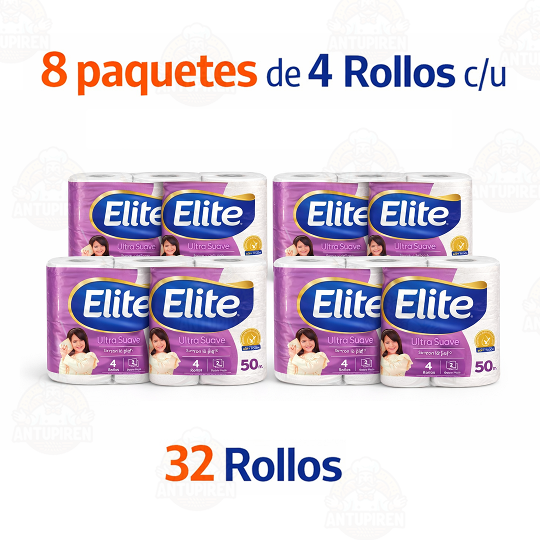 Elite Ultra Suave Papel Higiénico Doble Hoja 50m – Manga 32 Rollos (8x4)